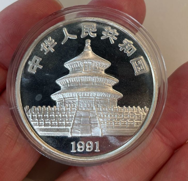 NL* CINA CHINA 10 YUAN 1991 1 ONCIA ARGENTO PURO Serie PANDA  1 OZ Silver Oblò