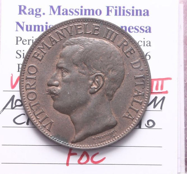 NL* VEIII Italia 10 CENTESIMI RAME 1911 CINQUANARIO FDC Perizia Filisina Massimo