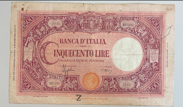 NL* BANCA D'ITALIA Banconota 500 LIRE BARBETTI C GRANDE 31 MARZO 1943 Q11