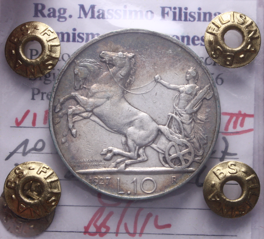 NL* VEIII 10 LIRE Argento BIGA 1927 BB/SPL ** 2 rosette Perizia Filisina Massimo