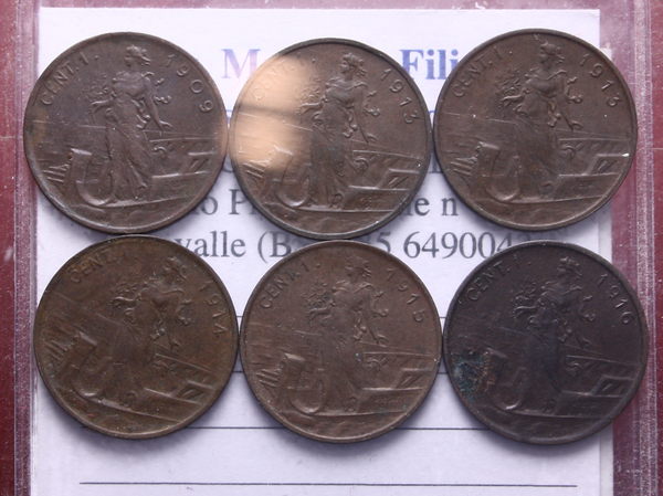 NL* VEIII Lotto 6 pezzi 1 CENTESIMO 1909 13 13 14 15 16 PRORA come da foto