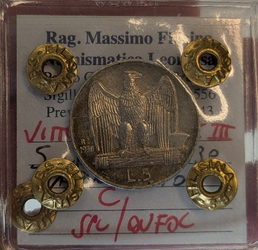 NL* VEIII Italia 5 LIRE ARGENTO AQUILOTTO 1930 SPL/QFDC Perizia Filisina Massimo