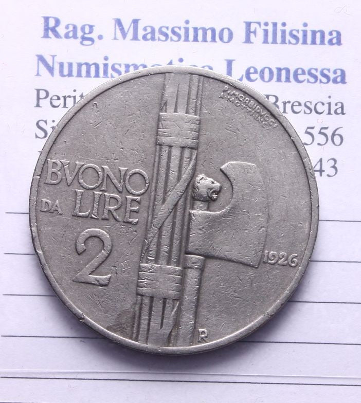 NL* VEIII  BUONO 2 LIRE FASCIO 1926 RARO OTTIMA Conservazione vedi foto *2