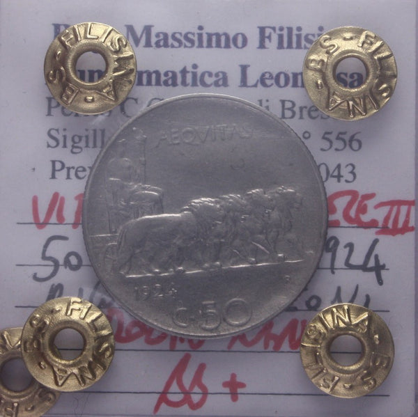 NL* VEIII 50 Centesimi Leoni 1924 RIGATO MOLTO RARO R2  BB+ Perizia Filisina