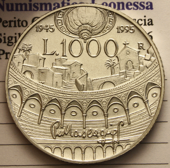 NL* ITALIA 1000 Lire ARGENTO 1995 PIETRO MASCAGNI FDC FIOR DI CONIO con lustro