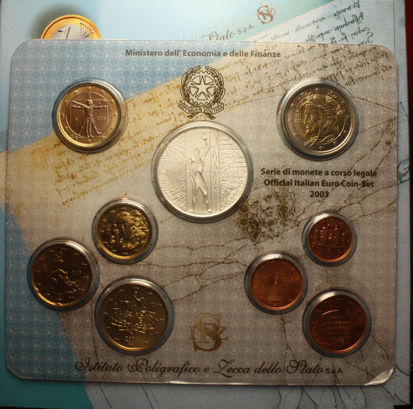 NL* ITALIA Divisionale 2003 9 Valori con 5 EURO ARGENTO FDC Set zecca