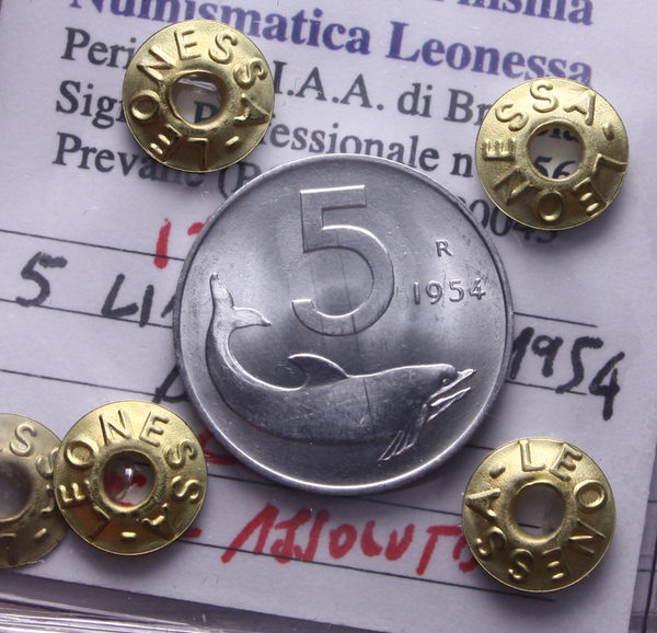NL* Italia Repubblica 5 LIRE DELFINO 1954 FDC ASSOLUTO Perizia Filisina Massimo