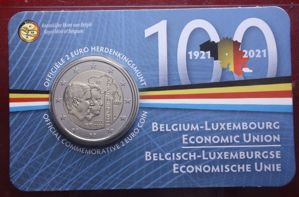 NL* BELGIO 2 EURO 2021 UNIONE ECONOMICA BELGIO-LUSSEMBURGO FDC coin card
