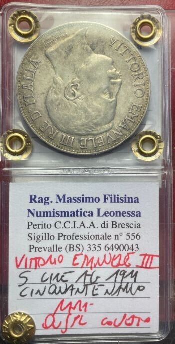 NL* VEIII 5 Lire SILVER 1911 FIFTY ANNIVERSARY RARE QSPL C Appraisal Filisina M.