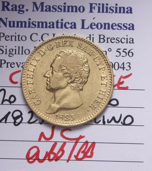 NL* CARLO FELICE 20 Lire ORO 1825 TORINO Q.BB/BB Perizia Filisina Massimo