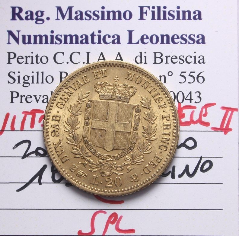 NL* SAVOIA VITTORIO EMANUELE II 20 Lire ORO  1859 TORINO SPL Perizia Filisina M.