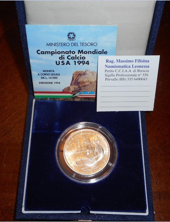 NL* ITALIA 10000 Lire Argento 1994 MONDIALI CALCIO USA 94 FDC set zecca