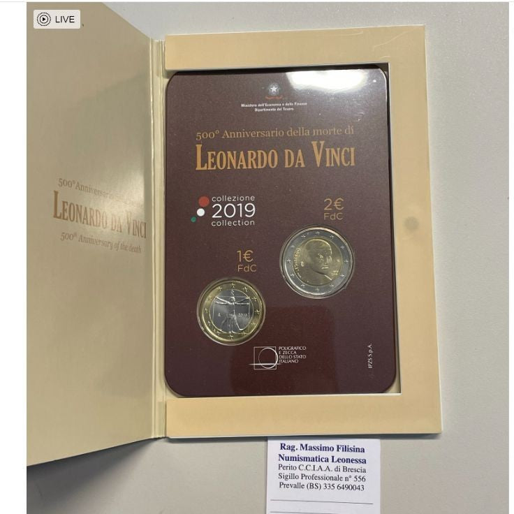 NL* ITALIA Repubblica Dittico 1 e 2 euro 2019 LEONARDO DA VINCI FDC Set Zecca