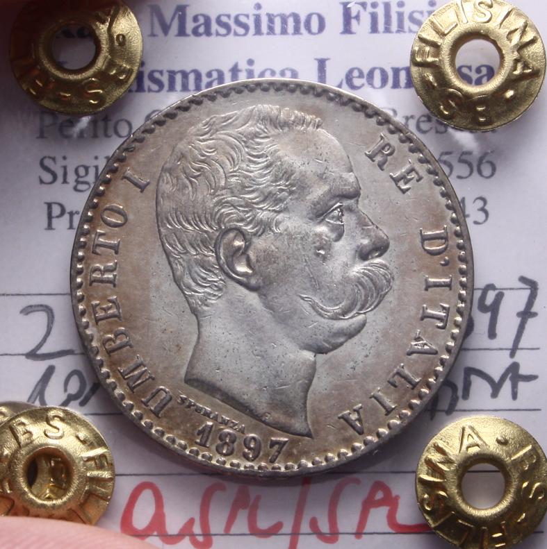 NL* UMBERTO I 2 LIRE ARGENTO STEMMA 1897 ROMA QSPL/SPL Perizia Filisina Massimo