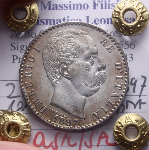 NL* UMBERTO I 2 LIRE ARGENTO STEMMA 1897 ROMA QSPL/SPL Perizia Filisina Massimo