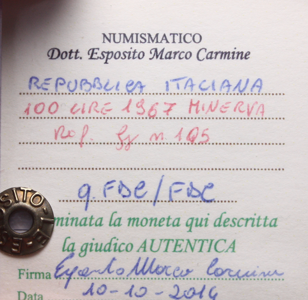 NL* Italia Repubblica 100 LIRE MINERVA 1967 qFDC/FDC Perizia Esposito Marco