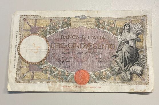 EN* BANK OF ITALY Banknote 500 LIRE HARVESTER August 23, 1943 RRR R3 4378 M297