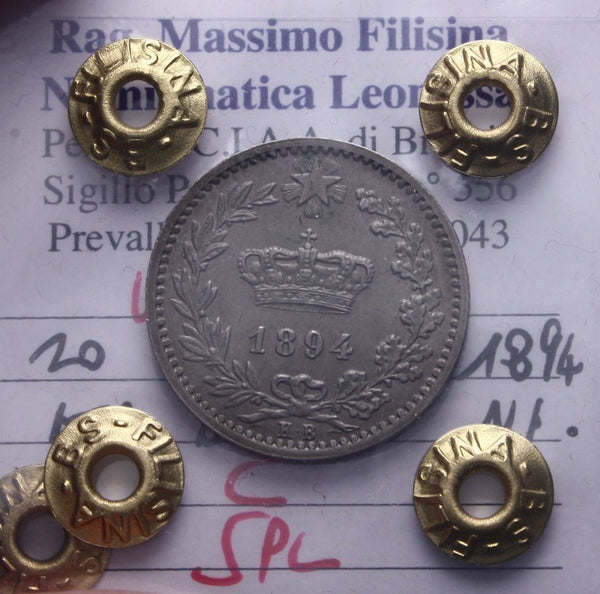 NL* UMBERTO I 20 CENTESIMI NICHEL KB BERLINO 1894 SPL Perizia Filisina Massimo