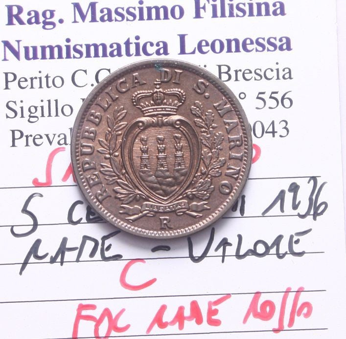 NL* SAN MARINO 5 CENTESIMI RAME 1936 FDC RAME ROSSO Perizia Filisina Massimo