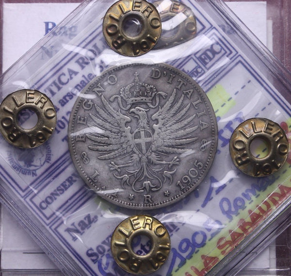 NL* VEIII 1 LIRA ARGENTO AQUILA SABAUDA 1905 R2 BB+ Perizia Rollero
