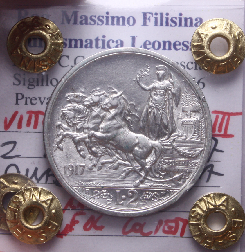 NL* VEIII 2 LIRE AG. 1917 QUADRIGA BRIOSA RARA QFDC COLPETTO Perizia Filisina