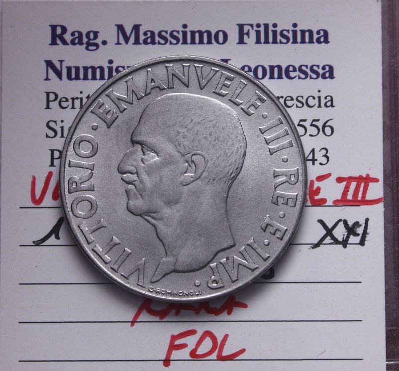 NL* VEIII Italia 1 LIRA  IMPERO 1943 XXI RARA *R* FIOR DI CONIO Perizia Filisina