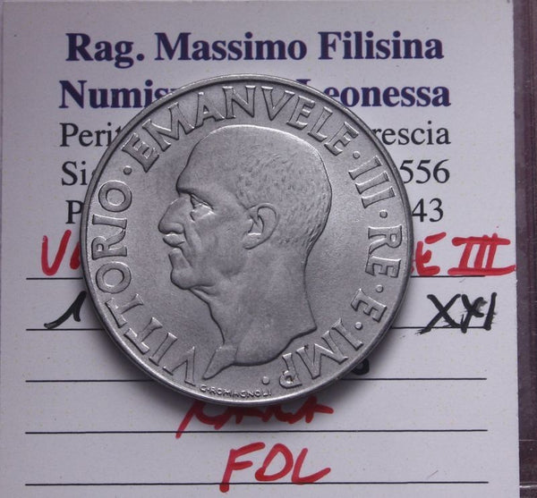 NL* VEIII Italia 1 LIRA  IMPERO 1943 XXI RARA *R* FIOR DI CONIO Perizia Filisina
