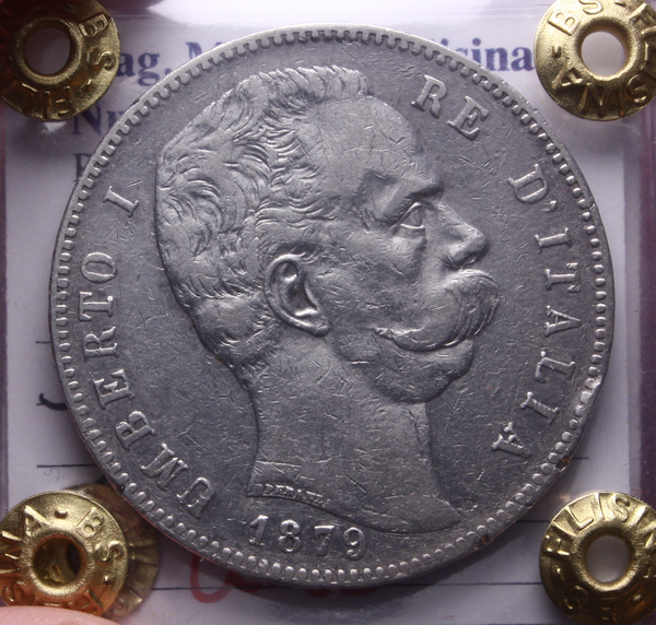 NL* UMBERTO I 5 LIRE Argento 1879 ROMA Q.BB Perizia Filisina Massimo * 2