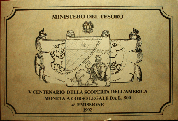 NL* ITALIA 500 Lire ARGENTO 1992 SCOPERTA AMERICA 4^ Emissione FDC set zecca