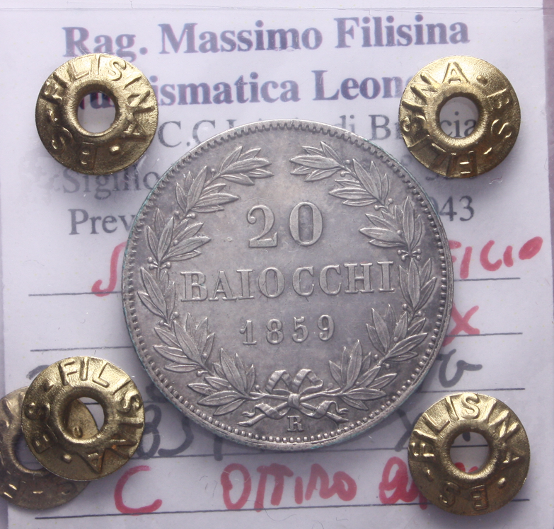 NL* STATO PONTIFICIO PAPA PIO IX 20 BAIOCCHI Argento 1859 QFDC Perizia Filisina