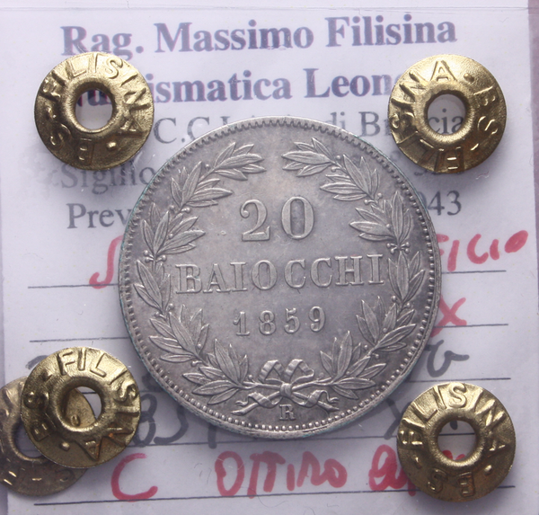 NL* STATO PONTIFICIO PAPA PIO IX 20 BAIOCCHI Argento 1859 QFDC Perizia Filisina