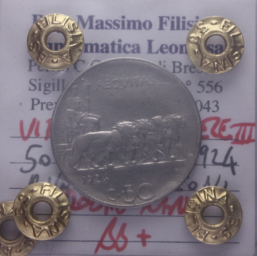 NL* VEIII 50 Centesimi Leoni 1924 RIGATO MOLTO RARO R2  BB+ Perizia Filisina
