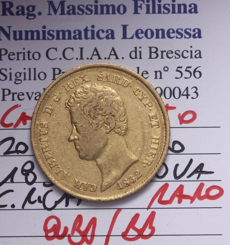 NL* CARLO ALBERTO 20 Lire ORO 1832 GENOVA Q.BB/BB Perizia Filisina Massimo