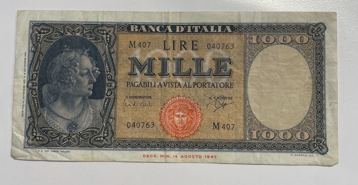 NL*BANCA ITALIA Banconota 1000 Lire MEDUSA 25 SETTEMBRE 1961 Ottima conservazion