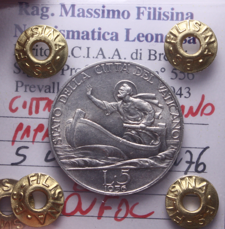NL* CITTA' DEL VATICANO PIO XI 5 LIRE Ag. 1936 QFDC Perizia Filisina Massimo