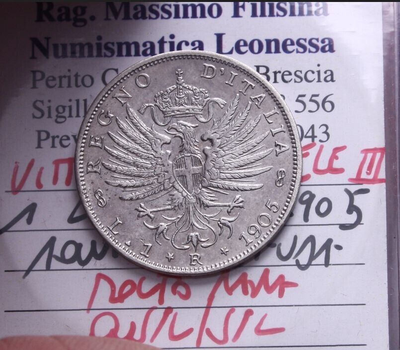 EN* VEIII 1 Lire Silver 1905 SAVOY EAGLE RR R2 QSPL/SPL Filisina M. Grading