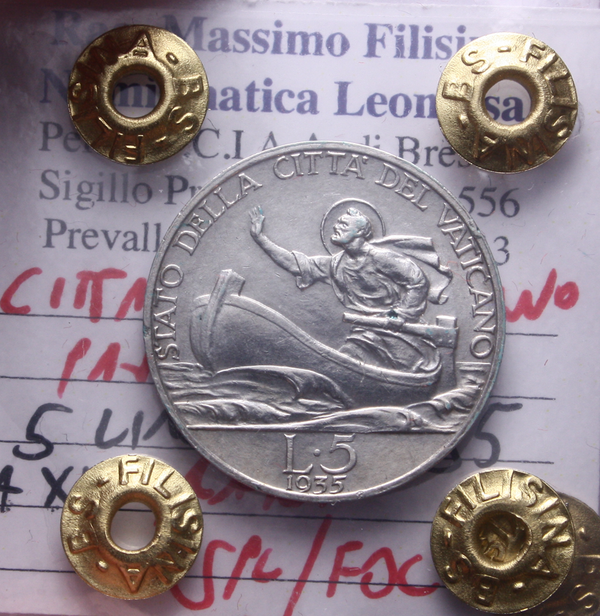 NL* CITTA' DEL VATICANO PAPA PIO XI 5 LIRE Ag 1935 SPL/FDC RARA Perizia Filisina