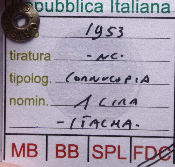 NL* Italia Repubblica 1 LIRA CORNUCOPIA 1953 NC FDC Perizia Cristiano Ferdinando