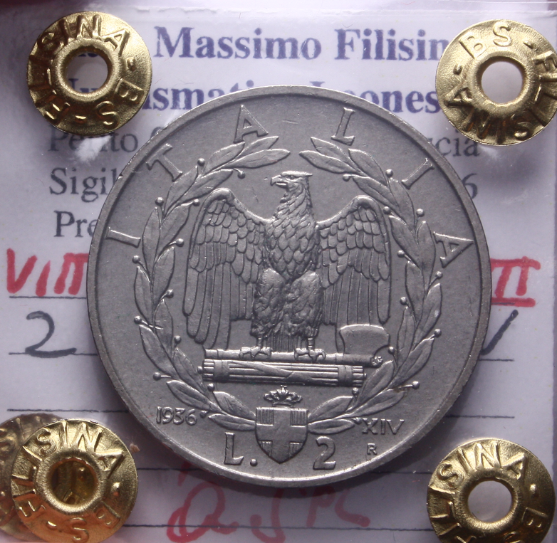 NL* VEIII 2 LIRE IMPERO 1936 XIV RARA QSPL Perizia Filisina Massimo