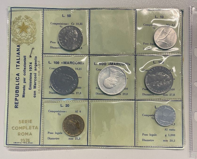 NL* ITALIA Divisionale 1974 G. MARCONI7 VALORI con 500 LIRE Argento FDC