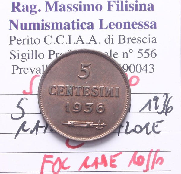 NL* SAN MARINO 5 CENTESIMI RAME 1936 FDC RAME ROSSO Perizia Filisina Massimo