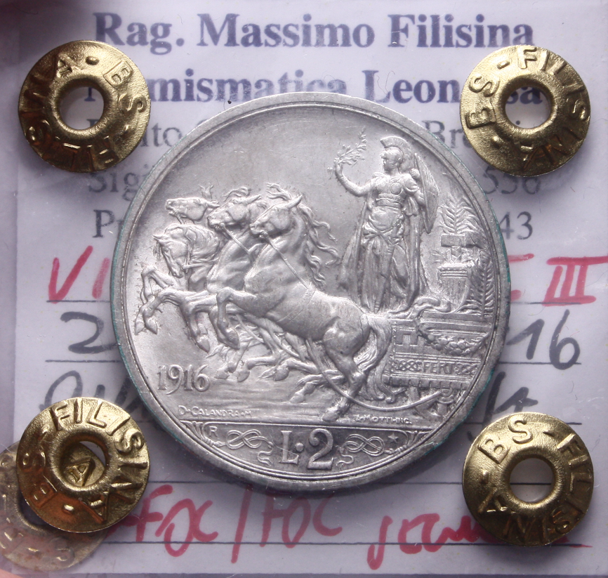 NL* VEIII Italia 2 LIRE ARGENTO 1916 QUADRIGA BRIOSA QFDC/FDC S Perizia Filisina