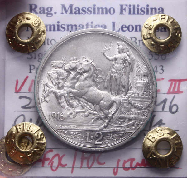 NL* VEIII Italia 2 LIRE ARGENTO 1916 QUADRIGA BRIOSA QFDC/FDC S Perizia Filisina