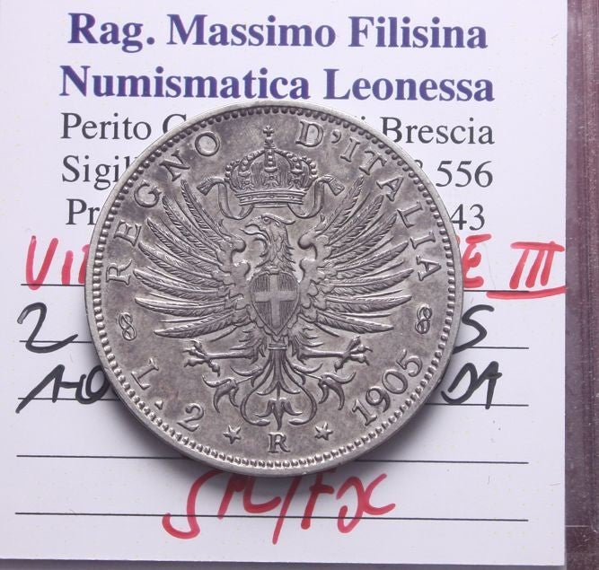 NL* VEIII 2 LIRE ARGENTO AQUILA SABAUDA 1905 SPL/FDC Perizia Filisina Massimo