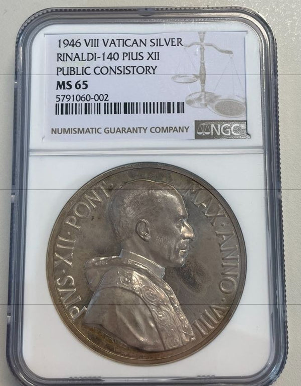 NL* VATICANO PAPA PIO XII Medaglia ARGENTO 1946 VIII in Slab MS65 NCG USA - FDC