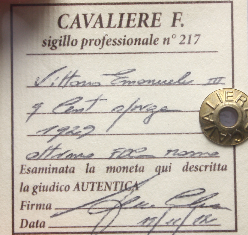NL*VEIII Italia 5 CENTESIMI SPIGA 1929 OTTIMO FDC RAME ROSSO Perizia Cavaliere