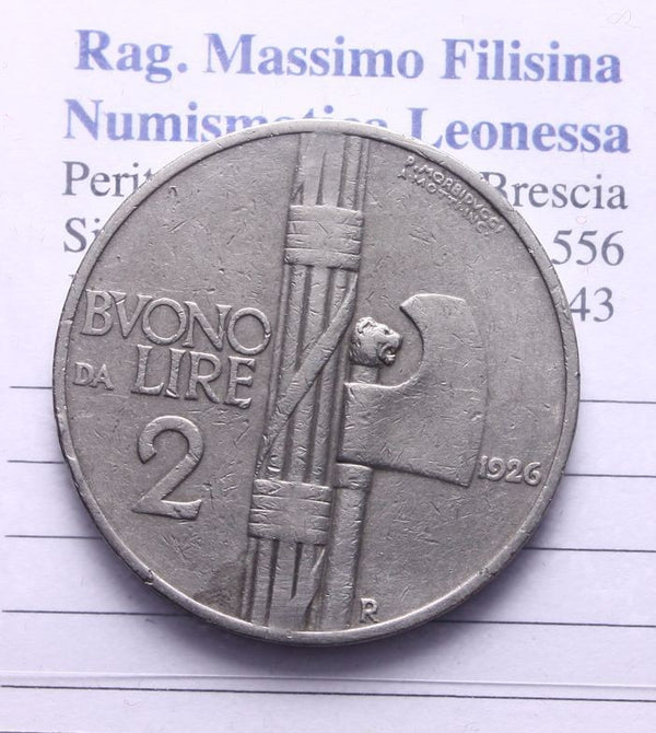 NL* VEIII  BUONO 2 LIRE FASCIO 1926 RARO OTTIMA Conservazione vedi foto *2
