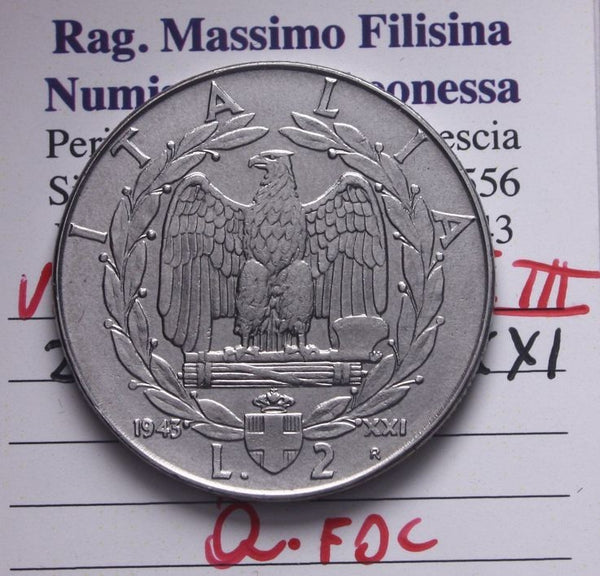 NL* VEIII ITALIA 2 LIRE IMPERO 1943 XX1 RARA Q.FDC Perizia Filisina Massimo