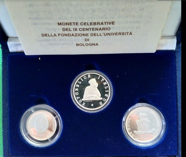 NL* ITALIA Trittico 500 + 200 + 100 LIRE Argento 1988 UNIVERSITA' BOLOGNA PROOF