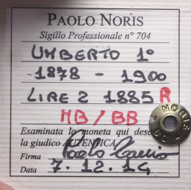 NL* UMBERTO I 2 LIRE ARGENTO 1885 ROMA MB/BB Perizia Noris Paolo